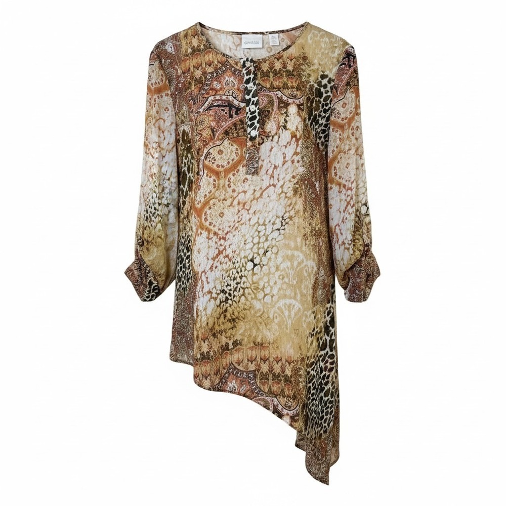 Chico's Women Tunic 2 Large Brown Animal Paisley Asymmetrical Boho Safari Blouse